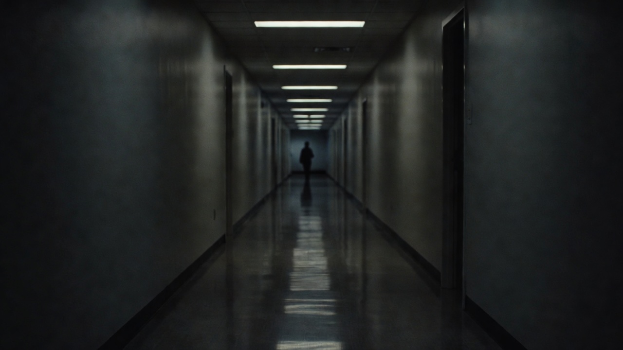 《男人尻女人视频》风格的昏暗办公走廊长镜头，人物背影走向走廊尽头的窗